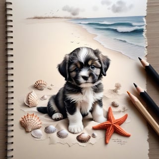 ((ultra realistic photo)), artistic sketch art, Make a pencil sketch of an adorable little FLUFFY PUPPY on an old torn edge paper, art, DETAILED textures, pure perfection, hIgh definition, detailed beach around THE PAPER, tiny delicate sea-shell, starfish, sea , delicate coral, sand pile on the paper,calligraphy text, tiny delicate drawings,BookScenic,ink,smoke,ink smoke,ink smoke background,art_booster