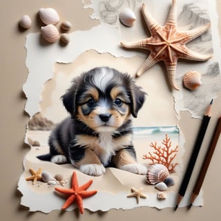 ((ultra realistic photo)), artistic sketch art, Make a pencil sketch of an adorable little FLUFFY PUPPY on an old torn edge paper, art, DETAILED textures, pure perfection, hIgh definition, detailed beach around THE PAPER, tiny delicate sea-shell, starfish, sea , delicate coral, sand pile on the paper,calligraphy text, tiny delicate drawings,BookScenic,ink,smoke,ink smoke,ink smoke background,art_booster