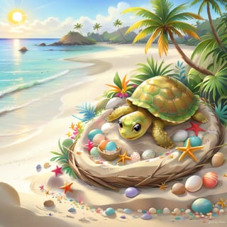 ((ultra artistic photo)), artistic sketch art, Make a DETAILED pencil sketch of a cute TINY tropical turle baby IN THE NEST ON THE SAND (art, DETAILED textures, pure perfection, hIgh definition), detailed beach , tiny delicate sea-shell, TINY COLORFUL EGG, little delicate starfish, sea ,(very detailed TROPICAL hawaiian BAY BACKGROUND VIEW, SEA SHORE, PALM TREES, DETAILED LANDSCAPE, COLORFUL) (GOLDEN HOUR LIGHTING), delicate coral, sand piles,disordered, LegendDarkFantasy,