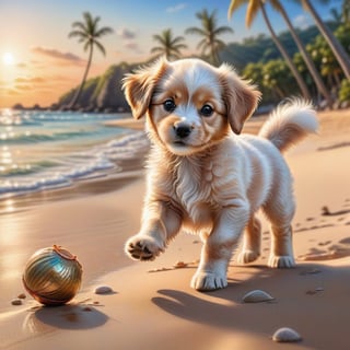 ((ultra realistic photo)), artistic sketch art, Make a DETAILED pencil sketch of a cute little FLUFFY PUPPY PLAYING WITH A BALL, (art, DETAILED textures, pure perfection, hIgh definition), detailed beach around , tiny delicate sea-shell, little delicate starfish, sea ,(very detailed TROPICAL hawaiian BAY BACKGROUND, SEA SHORE, PALM TREES, DETAILED LANDSCAPE, COLORFUL) (GOLDEN HOUR LIGHTING), delicate coral, sand piles