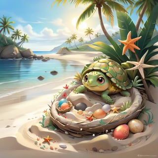 ((ultra artistic photo)), artistic sketch art, Make a DETAILED pencil sketch of  one cute TINY tropical turle baby IN THE NEST ON THE SAND (art, DETAILED textures, pure perfection, hIgh definition), detailed beach , tiny delicate sea-shell, TINY COLORFUL EGG, little delicate starfish, sea ,(very detailed TROPICAL hawaiian BAY BACKGROUND VIEW, SEA SHORE, PALM TREES, DETAILED LANDSCAPE, COLORFUL) (GOLDEN HOUR LIGHTING), delicate coral, sand piles,disordered, LegendDarkFantasy,disney style,portraitart