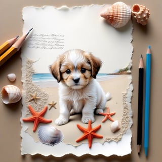 ((ultra realistic photo)), artistic sketch art, Make a pencil sketch of an adorable little FLUFFY PUPPY on an old torn edge paper, art, DETAILED textures, pure perfection, hIgh definition, detailed beach around THE PAPER, tiny delicate sea-shell, starfish, sea , delicate coral, sand pile on the paper,little calligraphy texts, tiny delicate drawings,