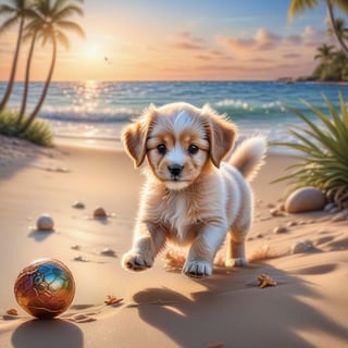 ((ultra realistic photo)), artistic sketch art, Make a DETAILED pencil sketch of a cute little FLUFFY PUPPY PLAYING WITH A BALL, (art, DETAILED textures, pure perfection, hIgh definition), detailed beach around , tiny delicate sea-shell, little delicate starfish, sea ,(very detailed TROPICAL hawaiian BAY BACKGROUND, SEA SHORE, PALM TREES, DETAILED LANDSCAPE, COLORFUL) (GOLDEN HOUR LIGHTING), delicate coral, sand piles