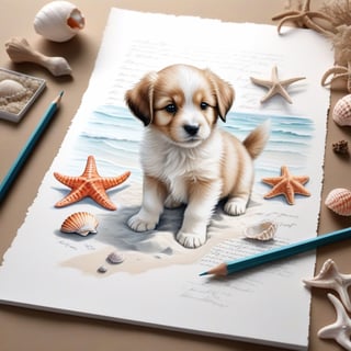 ((ultra realistic photo)), artistic sketch art, Make a pencil sketch of an adorable little FLUFFY PUPPY on a torn edge LETTER WITH LITTLE DRAWINGS AND  TEXTS, art, DETAILED textures, pure perfection, hIgh definition, detailed beach around THE PAPER, tiny delicate sea-shell, little delicate starfish, sea ,TROPICAL BAY, delicate coral, sand pile on the paper,little calligraphy texts, little drawings on the paper,, text: "puppy", text. ,BookScenic,art_booster