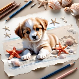 ((ultra realistic photo)), artistic sketch art, Make a pencil sketch of an adorable little FLUFFY PUPPY on an old torn edge paper, art, DETAILED textures, pure perfection, hIgh definition, detailed beach around THE PAPER, tiny delicate sea-shell, little delicate starfish, sea , delicate coral, sand pile on the paper,little calligraphy texts, delicate little drawings,