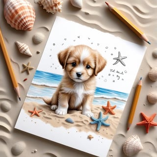 ((ultra realistic photo)), artistic sketch art, Make a pencil sketch of an adorable little FLUFFY PUPPY on a torn edge LETTER on the sand ( WITH LITTLE DRAWINGS AND  TEXTS, art, DETAILED textures, pure perfection, hIgh definition), detailed beach around THE PAPER, tiny delicate sea-shell, little delicate starfish, sea ,TROPICAL BAY, delicate coral, sand pile on the paper,little calligraphy texts, little drawings on the paper,, text: "puppy", text. ,BookScenic,art_booster