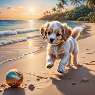 ((ultra realistic photo)), artistic sketch art, Make a DETAILED pencil sketch of a cute little FLUFFY PUPPY PLAYING WITH A BALL, (art, DETAILED textures, pure perfection, hIgh definition), detailed beach around , tiny delicate sea-shell, little delicate starfish, sea ,(very detailed TROPICAL hawaiian BAY BACKGROUND, SEA SHORE, PALM TREES, DETAILED LANDSCAPE, COLORFUL) (GOLDEN HOUR LIGHTING), delicate coral, sand piles