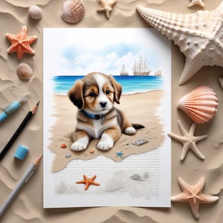 ((ultra realistic photo)), artistic sketch art, Make a pencil sketch of an adorable little FLUFFY PUPPY on a torn edge LETTER on the sand ( WITH LITTLE DRAWINGS AND  TEXTS, art, DETAILED textures, pure perfection, hIgh definition), detailed beach around THE PAPER, tiny delicate sea-shell, little delicate starfish, sea ,TROPICAL BAY, delicate coral, sand pile on the paper,little calligraphy texts, little drawings on the paper,, text: "puppy", text. ,BookScenic,art_booster