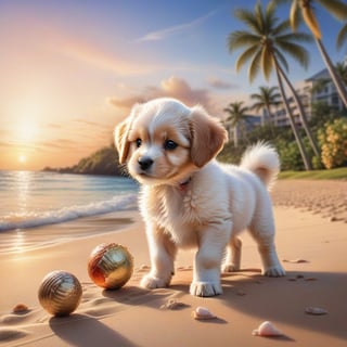 ((ultra realistic photo)), artistic sketch art, Make a DETAILED pencil sketch of a cute little FLUFFY PUPPY PLAYING WITH A BALL, (art, DETAILED textures, pure perfection, hIgh definition), detailed beach around , tiny delicate sea-shell, little delicate starfish, sea ,(very detailed TROPICAL hawaiian BAY BACKGROUND, SEA SHORE, PALM TREES, DETAILED LANDSCAPE, COLORFUL) (GOLDEN HOUR LIGHTING), delicate coral, sand piles