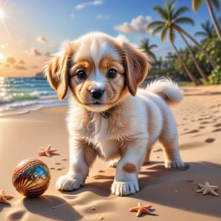 ((ultra realistic photo)), artistic sketch art, Make a DETAILED pencil sketch of a cute little FLUFFY PUPPY PLAYING WITH A BALL, (art, DETAILED textures, pure perfection, hIgh definition), detailed beach around , tiny delicate sea-shell, little delicate starfish, sea ,(very detailed TROPICAL hawaiian BAY BACKGROUND, SEA SHORE, PALM TREES, DETAILED LANDSCAPE, COLORFUL) (GOLDEN HOUR LIGHTING), delicate coral, sand piles