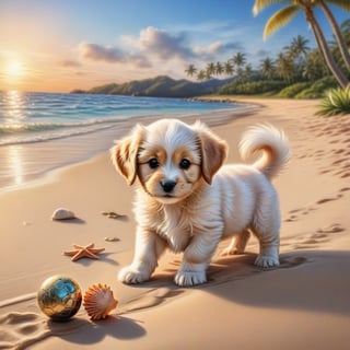 ((ultra realistic photo)), artistic sketch art, Make a DETAILED pencil sketch of a cute little FLUFFY PUPPY PLAYING WITH A BALL, (art, DETAILED textures, pure perfection, hIgh definition), detailed beach around , tiny delicate sea-shell, little delicate starfish, sea ,(very detailed TROPICAL hawaiian BAY BACKGROUND, SEA SHORE, PALM TREES, DETAILED LANDSCAPE, COLORFUL) (GOLDEN HOUR LIGHTING), delicate coral, sand piles