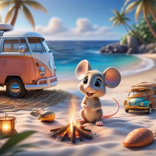 a cute little PIXAR MOUSE SITTING WITH A CAMP FIRE ON A PLAID, IN FRONT OF THE CLASSIC VW CAMPER VAN, CAMPING ENVIROMENT NEXT TO THE VAN (art, DETAILED textures, pure perfection, hIgh definition), detailed beach around , tiny delicate sea-shell, little delicate starfish, sea ,(very detailed TROPICAL hawaiian BAY BACKGROUND, SEA SHORE, PALM TREES, DETAILED LANDSCAPE, COLORFUL) (GOLDEN HOUR LIGHTING), delicate coral, sand piles,Cartoon