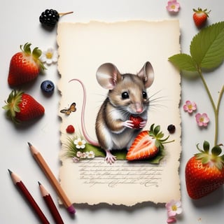 ((ultra realistic photo)), artistic sketch art, Make a little 2,5D WHITE LINE pencil sketch of a cute tiny MOUSE on an old TORN EDGE Letter , art, textures, pure perfection, high definition, LITTLE FRUITS, butterfly,strawberry,berry, DELICATE FLOWERS ,grass blades, flower petals  on the paper, little calligraphy text, little drawings, text: "mouse", text. children's picture books, ,BookScenic,ink,smoke,ink smoke,Dark Majic