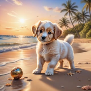 ((ultra realistic photo)), artistic sketch art, Make a DETAILED pencil sketch of a cute little FLUFFY PUPPY PLAYING WITH A BALL, (art, DETAILED textures, pure perfection, hIgh definition), detailed beach around , tiny delicate sea-shell, little delicate starfish, sea ,(very detailed TROPICAL hawaiian BAY BACKGROUND, SEA SHORE, PALM TREES, DETAILED LANDSCAPE, COLORFUL) (GOLDEN HOUR LIGHTING), delicate coral, sand piles