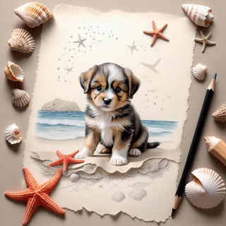 ((ultra realistic photo)), artistic sketch art, Make a pencil sketch of an adorable little FLUFFY PUPPY on an old torn edge paper, art, DETAILED textures, pure perfection, hIgh definition, detailed beach around THE PAPER, tiny delicate sea-shell, little delicate starfish, sea , delicate coral, sand pile on the paper,little calligraphy texts, delicate drawings,