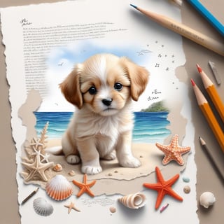 ((ultra realistic photo)), artistic sketch art, Make a pencil sketch of an adorable little FLUFFY PUPPY on a torn edge LETTER WITH LITTLE DRAWINGS AND  TEXTS, art, DETAILED textures, pure perfection, hIgh definition, detailed beach around THE PAPER, tiny delicate sea-shell, little delicate starfish, sea ,TROPICAL BAY, delicate coral, sand pile on the paper,little calligraphy texts, little drawings on the paper,, text: "puppy", text. ,BookScenic,art_booster