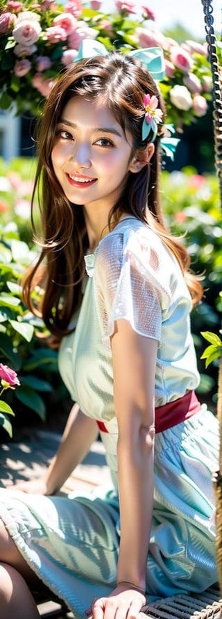 a young blonde asian beauty,long brown hair,bow on head,beautiful detailed eyes,beautiful detailed lips,long eyelashes,soft facial features, cute smile, looking at, flower garden background, sitting on a swing, vibrant colors,pleasant lighting,artistic rendering,perfect light