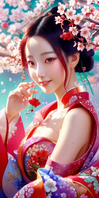 In this mesmerizing fractal art piece, a stunning Japanese beauty in hanfu and delicate jewelry stands out against a dynamic, shifting backdrop reminiscent of blooming cherry blossoms. Smile.  Her left hand cradles a vibrant red flower branch, while her right hand playfully tugs at the sleeve, exuding subtle sensuality. The subject's eyes sparkle with intricate light particles that seem to capture the essence of the petals. Framing is bold and abstract, with the beauty positioned at the center of a swirling vortex of colors, textures, and shapes that blend seamlessly into the background.,Japanese