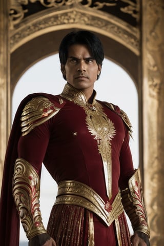 Shaktimaan, also known as Gangadhar, has sharp, confident eyes that exude determination and heroism. His medium-length, neatly styled black hair complements his strong jawline and tanned, muscular physique. His expression is often serious yet kind, showcasing his commitment to justice.

In the midst of a fierce battle, Shaktimaan’s sharp, confident eyes burn with intensity. His medium-length, neatly styled black hair flows slightly in the wind, complementing his strong jawline and tanned, muscular physique. Clad in his red and gold costume, his serious yet kind expression shows his unwavering resolve to defeat evil.