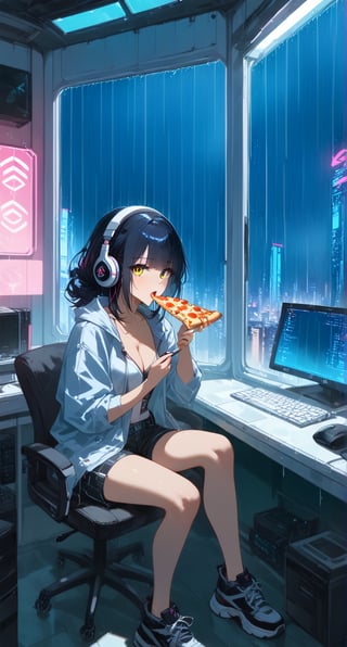 (computer room:1.4),masterpiece, best quality, girl, bishoujo, hair over shoulder, black hair, asymmetrical hair, gradient eyes, bags under eyes, beautiful detailed eyes, looking at viewer, visible through hair, open mouth, (Loose clothes:1.4), (jacket), shorts, white short sleeves, (eating pizza:1.0), wearing headphones, (cross-legged:1.0), bedroom,more detail XL,Expressiveh,concept art,cyberpunk city view out of the window,((from above)),(cyberpunk, city, kowloon, rain),