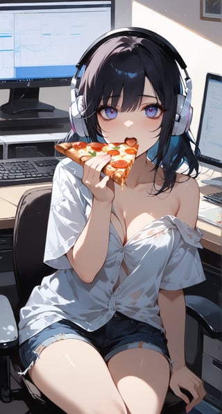 (computer room:1.4),masterpiece, best quality, girl, bishoujo, hair over shoulder, black hair, asymmetrical hair, gradient eyes, bags under eyes, beautiful detailed eyes, looking at viewer, visible through hair, open mouth, (Loose clothes:1.4), (jacket), shorts, white short sleeves, (eating pizza:1.0), wearing headphones, (cross-legged:1.0), bedroom,more detail XL,Expressiveh,concept art