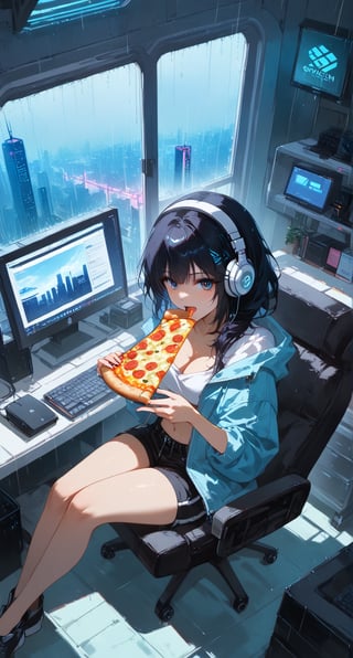 (computer room:1.4),masterpiece, best quality, girl, bishoujo, hair over shoulder, black hair, asymmetrical hair, gradient eyes, bags under eyes, beautiful detailed eyes, looking at viewer, visible through hair, open mouth, (Loose clothes:1.4), (jacket), shorts, white short sleeves, (eating pizza:1.0), wearing headphones, (cross-legged:1.0), bedroom,more detail XL,Expressiveh,concept art,cyberpunk city view out of the window,((from above)),(cyberpunk, city, kowloon, rain),