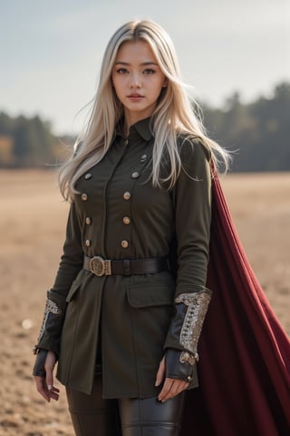 A majestic female military officer stands tall in a spacious training ground, her platinum blonde hair cascading down her back like a river of gold. Her choppy bangs frame her determined eyes, arched crescent eyebrows and delicate oval face, exuding confidence and authority. The fantasy-style dark green military coat drapes elegantly over her shoulders, paired with dark red cloak, military trousers, and leather combat boots adorned with silver greaves leggings. One hand rests assertively on her hip, while her serious expression commands attention. Under the soft glow of natural light, her pale skin shines like alabaster, as if crafted by a master painter's brush. Her features are rendered in exquisite detail, from the golden ratio-perfect proportions to the high-definition eyes and face, creating an anatomically correct masterpiece that would rival any cinematic production