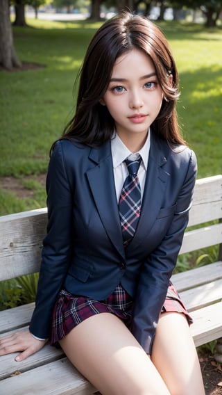 Capture a stunning full-body shot of a beautiful, young, and cute school girl. She's sitting comfortably on a crisp white bench amidst lush greenery in the park. Her bright blue eyes sparkle as she flashes a charming smile, revealing perfectly straight teeth. Her dark blue blazer with an emblem on the left chest, white blouse, and tartan check tie are neatly paired with a tartan plaid skirt that falls just above her knees. Knee-high tights add a touch of modesty to the overall look. Brown medium hair frames her beautiful face, with smooth skin and detailed features. Her brown locks cascade down her back like silk. A subtle glow highlights her porcelain-like complexion, accentuating her striking facial structure. The camera captures every nuance of her stunning features, from her bright smile to her delicate eyebrows. Her legs are crossed, showcasing toned thighs and clean calves. Focus on the captivating scene as she sits serenely in the park, exuding an aura of youthful innocence and lovable charm.