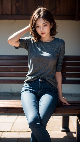 A masterpiece of a cowboy shot! A beautiful mature woman with shiny brown hair, cut short and styled to perfection, sits alone on a station bench, gazing directly at the viewer with sparkling brown eyes that seem to hold an innocent look. Her smile is warm and inviting, drawing in the audience like a magnet. The ultra-detailed face and highly detailed eyes are a true work of art, as if sculpted by a master craftsman. She wears skinny jeans and appears effortlessly stylish in this candid moment. The platform behind her stretches out, providing a subtle sense of depth and movement. (Highest quality: 1.2)