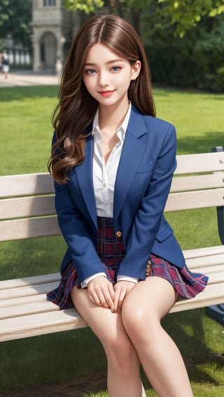 Capture a stunning full-body shot of a beautiful, young, and cute school girl. She's sitting comfortably on a crisp white bench amidst lush greenery in the park. Her bright blue eyes sparkle as she flashes a charming smile, revealing perfectly straight teeth. Her dark blue blazer with an emblem on the left chest, white blouse, and tartan check tie are neatly paired with a tartan plaid skirt that falls just above her knees. Knee-high tights add a touch of modesty to the overall look. Brown medium hair frames her beautiful face, with smooth skin and detailed features. Her brown locks cascade down her back like silk. A subtle glow highlights her porcelain-like complexion, accentuating her striking facial structure. The camera captures every nuance of her stunning features, from her bright smile to her delicate eyebrows. Her legs are crossed, showcasing toned thighs and clean calves. Focus on the captivating scene as she sits serenely in the park, exuding an aura of youthful innocence and lovable charm.