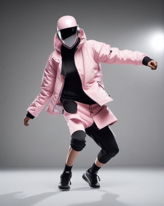 large format photo of a simple robot face, (wearing baby pink outdoor jacket and black short pants: 1.0), full body, freeze breakdance moves in light studio background, hard light, (eye level : 1.2), Aaton LTR with a 50mm lens, in style of Martin Schoeller ,moonster