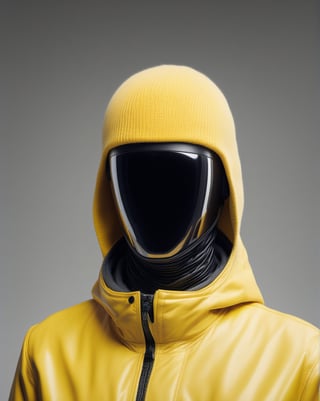 large format photo of a simple robot face, (wearing yellow outdoor jacket and black beanie hat: 1.0), upper body, studio light background, hard light, (eye level : 1.2), Aaton LTR with a 50mm lens, in style of Martin Schoeller ,moonster