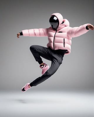 large format photo of a simple robot face, (wearing baby pink puffer jacket and black short pants: 1.0), full body, freeze breakdance moves in light studio background, hard light, (eye level : 1.2), Aaton LTR with a 50mm lens, in style of Martin Schoeller ,moonster