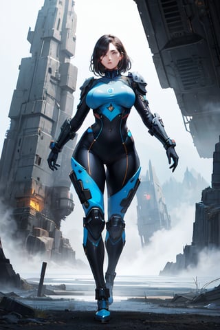 2 girls, looking around, weapons at the ready, dynamic stance, huge breasts, huge curvy hips, narrow waist, skinny, skin tight battle suit, cerulean blue, armor, futuristic, sci-fi, cyberware, cybertech, unexplored world, mist, ancient marvelous structures, ultra highres, atmosphere of mystery and danger, (detailed face:1.2), (detailed eyes:1.2), detailed background, intricate, foggy landscape, masterpiece, best quality