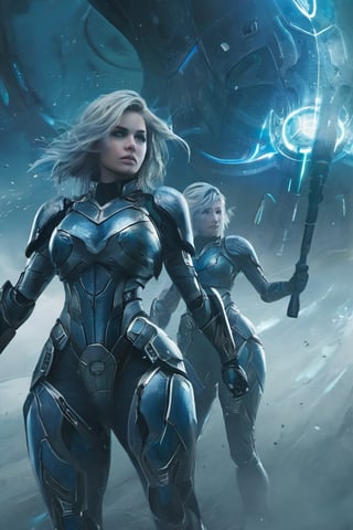 2 girls, looking around, weapons at the ready, dynamic stance, huge breasts, huge curvy hips, narrow waist, skinny, skin tight battle suit, cerulean blue, armor, futuristic, sci-fi, cyberware, cybertech, unexplored world, mist, ancient marvelous structures, ultra highres, atmosphere of mystery and danger, (detailed face:1.2), (detailed eyes:1.2), detailed background, intricate, foggy landscape, ghost person