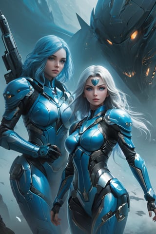 2 girls, looking around, weapons at the ready, dynamic stance, huge breasts, huge curvy hips, narrow waist, skinny, skin tight battle suit, cerulean blue, armor, futuristic, sci-fi, cyberware, cybertech, unexplored world, mist, ancient marvelous structures, ultra highres, atmosphere of mystery and danger, (detailed face:1.2), (detailed eyes:1.2), detailed background, intricate, foggy landscape, ghost person