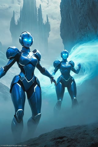 2 girls, looking around, weapons at the ready, dynamic stance, huge breasts, huge curvy hips, narrow waist, skinny, skin tight battle suit, cerulean blue, armor, futuristic, sci-fi, cyberware, cybertech, unexplored world, mist, ancient marvelous structures, ultra highres, atmosphere of mystery and danger, (detailed face:1.2), (detailed eyes:1.2), detailed background, intricate, foggy landscape, ghost person