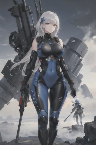 2 girls, looking around, weapons at the ready, dynamic stance, huge breasts, huge curvy hips, narrow waist, skinny, skin tight battle suit, cerulean blue, armor, futuristic, sci-fi, cyberware, cybertech, unexplored world, mist, ancient marvelous structures, ultra highres, atmosphere of mystery and danger, (detailed face:1.2), (detailed eyes:1.2), detailed background, intricate, foggy landscape, masterpiece, best quality,xxmix_girl