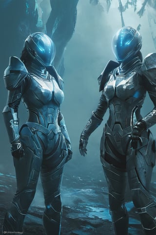 2 girls, looking around, weapons at the ready, dynamic stance, huge breasts, huge curvy hips, narrow waist, skinny, skin tight battle suit, cerulean blue, armor, futuristic, sci-fi, cyberware, cybertech, unexplored world, mist, ancient marvelous structures, ultra highres, atmosphere of mystery and danger, (detailed face:1.2), (detailed eyes:1.2), detailed background, intricate, foggy landscape, ghost person