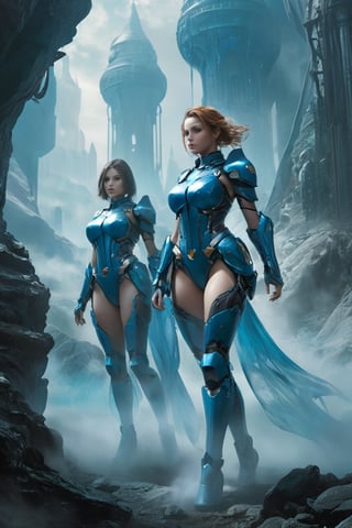 2 girls, looking around, weapons at the ready, dynamic stance, huge breasts, huge curvy hips, narrow waist, skinny, skin tight battle suit, cerulean blue, armor, futuristic, sci-fi, cyberware, cybertech, unexplored world, mist, ancient marvelous structures, ultra highres, atmosphere of mystery and danger, (detailed face:1.2), (detailed eyes:1.2), detailed background, intricate, foggy landscape, ghost person