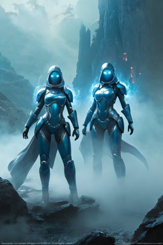 2 girls, looking around, weapons at the ready, dynamic stance, huge breasts, huge curvy hips, narrow waist, skinny, skin tight battle suit, cerulean blue, armor, futuristic, sci-fi, cyberware, cybertech, unexplored world, mist, ancient marvelous structures, ultra highres, atmosphere of mystery and danger, (detailed face:1.2), (detailed eyes:1.2), detailed background, intricate, foggy landscape, ghost person