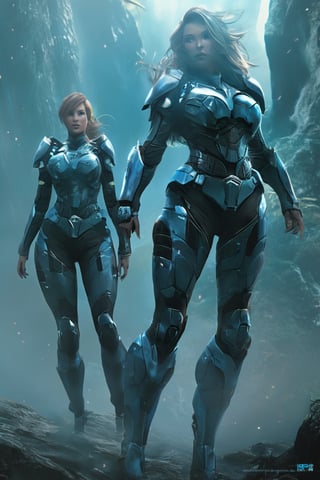 2 girls, looking around, weapons at the ready, dynamic stance, huge breasts, huge curvy hips, narrow waist, skinny, skin tight battle suit, cerulean blue, armor, futuristic, sci-fi, cyberware, cybertech, unexplored world, mist, ancient marvelous structures, ultra highres, atmosphere of mystery and danger, (detailed face:1.2), (detailed eyes:1.2), detailed background, intricate, foggy landscape, ghost person