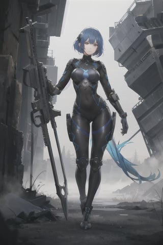 2 girls, looking around, weapons at the ready, dynamic stance, huge breasts, huge curvy hips, narrow waist, skinny, skin tight battle suit, cerulean blue, armor, futuristic, sci-fi, cyberware, cybertech, unexplored world, mist, ancient marvelous structures, ultra highres, atmosphere of mystery and danger, (detailed face:1.2), (detailed eyes:1.2), detailed background, intricate, foggy landscape, masterpiece, best quality,xxmix_girl