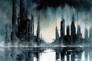 void, left blank, ultra fine painting, water ink splash, cyberpunk dark mega city side view, reflection, (cold-tone), (gravity defying skyscraper), 