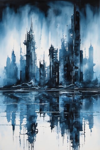 void, left blank, ultra fine painting, water ink splash, cyberpunk dark mega city side view, reflection, (cold blue tone), (gravity defying skyscraper), 