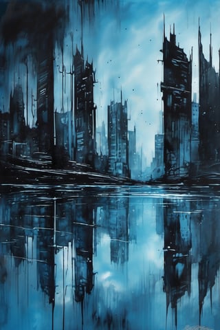 void, left blank, ultra fine painting, water ink splash, cyberpunk dark mega city side view, reflection, (cold blue tone), (gravity defying skyscraper), 