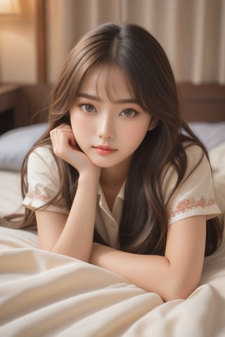 A serene Taiwanese bedroom scene: A young girl with long, dark hair lies on a plush pillow, her bangs framing her heart-shaped face, warm brown eyes gazing directly at the viewer. Soft lighting casts a cozy glow on her peaceful slumber, illuminating her casual shirt and bedsheet against a subtle, cream-colored backdrop.