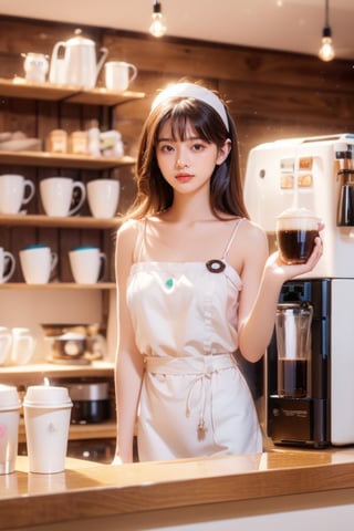 A Japanese girl in a coffee waitress costume smiles and hands a cup of fragrant coffee to a customer in a colorful coffee shop (1.3) (cafe environment interior design, coffee machine, coffee cups, shelves, coffee shop: 1.2). Looking at a store window while waiting for a friend (realistic: 1.2), (best quality: 1.3), photo-realistic, highly detailed, high resolution RAW photo, film grain, coffeeyadream, sntm, slingshot, fashion, sexy, real hand,realhands