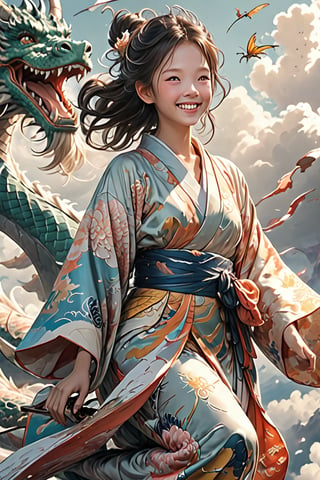 (young girl riding on top of a dragon while the dragon flies above the cloud, in the style of Loish), smiling and beautiful, kimono, laughing and having fun, (hair blowing in the wind, god rays), (heavenly and ethereal:1.3), More Detail XL, princess