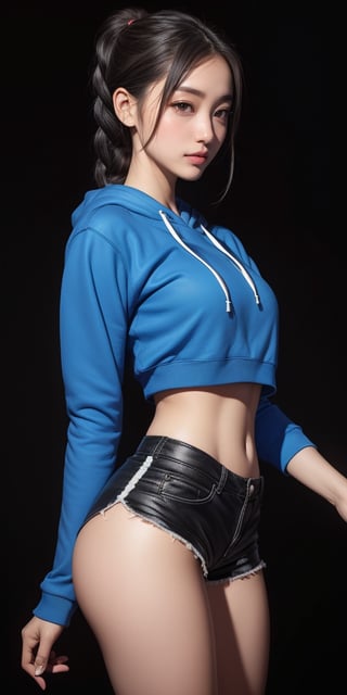 4k,best quality,masterpiece,20yo 1girl(black hair,medium breasts, hair in braided ponytail,athletic build, korea girl, south korea girl, girl-next-door good looks, black eyes,((black short hair with long locks:1.2)))(cropped blue sweatshirt),(demin super shorts), alluring smile, open blue hoodie,

(Beautiful and detailed eyes),
Detailed face, detailed eyes, double eyelids ,real hands, semi visible stomach,  black hair, medium breatsts, black eyes, black background,


real person, color splash style photo,
